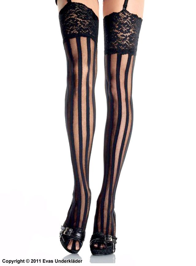 Thigh high stockings, wide lace edge, vertical stripes